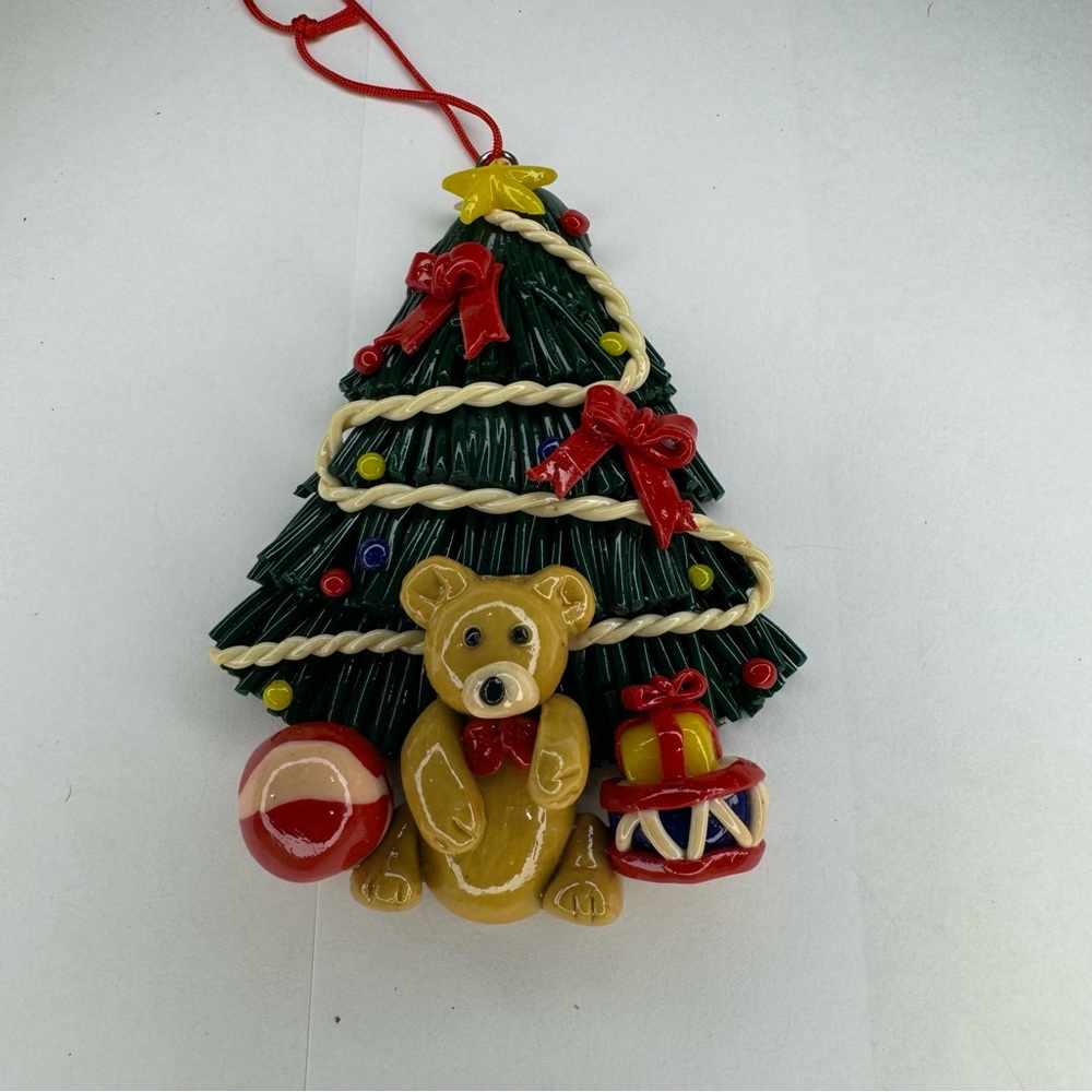 Vintage Clay Dough Ornament Christmas Tree With Teddy Bear